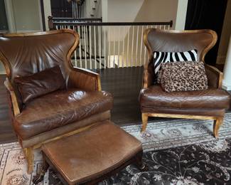 Pr. Leather and Upholstered Bergeres 