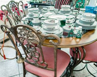 Vintage Christmas Dishes, Glass Top Table and Chairs