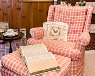 Plaid Chair and Ottoman, Pie Crust Table