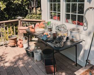 Garden, Iron Hangers, Iron Stands, Stoneware Crock