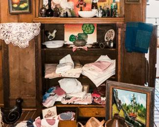 Vintage Pie Safe, Original Artwork, Baskets, Quilt Pieces, Vintage Bottle Collection