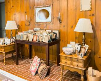 Brass Table Lamps, Frames, Brass Candlestick Holders, Etched Glass Mirror