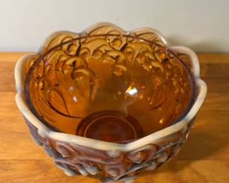 H43 - $28. VTG. Fenton Glass Cameo Opalesecent Amber “Lily of the Valley” Candy dish. Measures 6.5" tall. 