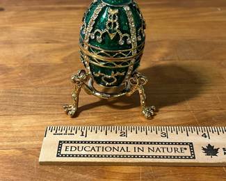 H90 - $15. Green Enamel Faberge Replica Egg Trinket Box. 