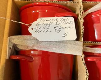 H79 - $25. Denmark Tools for cooks Red crocks. Set of 8. 4" Diameter, 8 oz. 