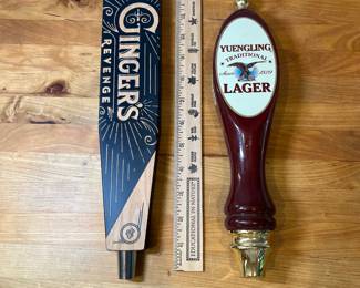 H84 - $90. Variety of Beer pull handles. Yuengling, Red Oak (has damage), Ginger's Revenge,  Bowling Pin, Modelo, Labatt Bleu, Dos Equis, Worsteiner. 