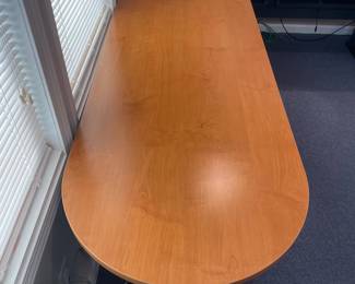 H26 - $225. 2 Piece L Shape Desk. Curved Piece Measures 71.25" x 26.75" deep x 29.5" tall.  Straight Edge Piece Measures 71.25" x 26.75" x 29.25" tall. 