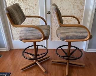H3 - $200. Vintage Cromacraft Bar Stools. Measures 22.75 W x 25 D x 45.5 T. Very comfortable seats that have a little bounce! One foot has dog chew marks otherwise in very good vintage condition!