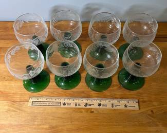 H50 - $50. VTG German Schott Ziviesel Reemer Etched Goblets. Green Beehive Stem. 