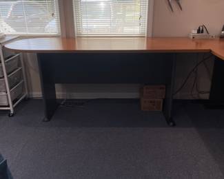 H26 - $225. 2 Piece L Shape Desk. Curved Piece Measures 71.25" x 26.75" deep x 29.5" tall.  Straight Edge Piece Measures 71.25" x 26.75" x 29.25" tall. 