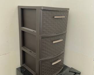 H24 - $15. 3 Drawer Plastic Storage Cabinet. Measures 12.5" x 14.5" x 24" tall. 