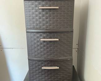 H24 - $15. 3 Drawer Plastic Storage Cabinet. Measures 12.5" x 14.5" x 24" tall. 