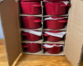 H79 - $25. Denmark Tools for cooks Red crocks. Set of 8. 4" Diameter, 8 oz. 