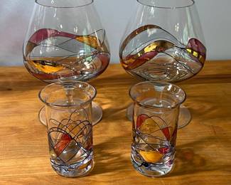 H89 - $60. Luminescence Set. Made in Romania, Mouth Blown Art Glass. 1 Decanter. 4 Goblets. 2 Brandy. 2 Shot glasses. 