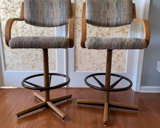H3 - $200. Vintage Cromacraft Bar Stools. Measures 22.75 W x 25 D x 45.5 T. Very comfortable seats that have a little bounce! One foot has dog chew marks otherwise in very good vintage condition!