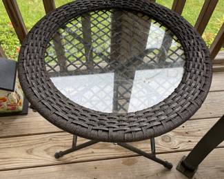 H106 - $25. Small Folding Round Outdoor Side Table. Measures 19.75" round x by 20" T. 