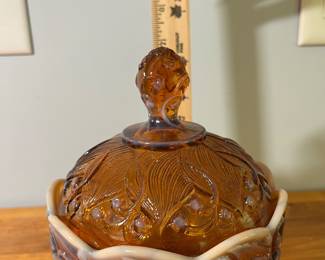 H43 - $28. VTG. Fenton Glass Cameo Opalesecent Amber “Lily of the Valley” Candy dish. Measures 6.5" tall. 