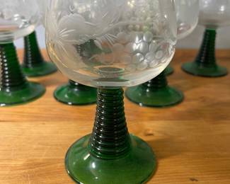 H50 - $50. VTG German Schott Ziviesel Reemer Etched Goblets. Green Beehive Stem. 