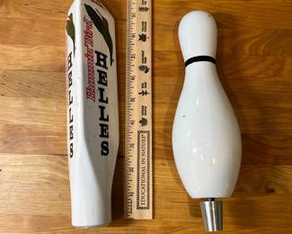 H84 - $90. Variety of Beer pull handles. Yuengling, Red Oak (has damage), Ginger's Revenge,  Bowling Pin, Modelo, Labatt Bleu, Dos Equis, Worsteiner. 