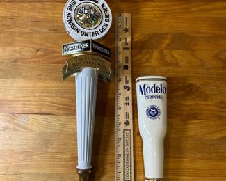 H84 - $90. Variety of Beer pull handles. Yuengling, Red Oak (has damage), Ginger's Revenge,  Bowling Pin, Modelo, Labatt Bleu, Dos Equis, Worsteiner. 