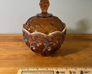 H43 - $28. VTG. Fenton Glass Cameo Opalesecent Amber “Lily of the Valley” Candy dish. Measures 6.5" tall. 