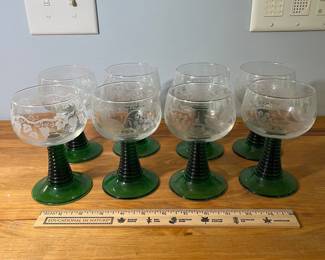 H50 - $50. VTG German Schott Ziviesel Reemer Etched Goblets. Green Beehive Stem. 