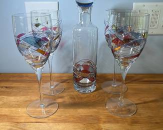 H89 - $60. Luminescence Set. Made in Romania, Mouth Blown Art Glass. 1 Decanter. 4 Goblets. 2 Brandy. 2 Shot glasses. 