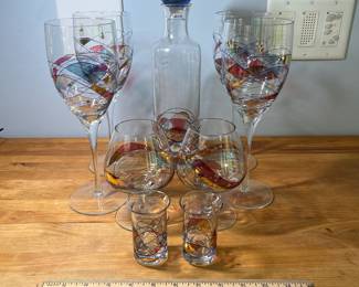 H89 - $60. Luminescence Set. Made in Romania, Mouth Blown Art Glass. 1 Decanter. 4 Goblets. 2 Brandy. 2 Shot glasses. 