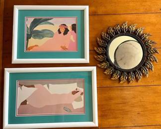 KKS112- Framed Pegge Hopper Prints And Small Mirror 