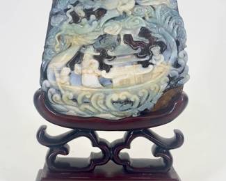 Lot 63	Carved Fire Opal Statuary in the form of a Dragon Boat on Wooden Base. Chinese.