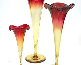 Lot 89	Set Of Three Graduated Amberina Art Glass Trumpet Vases, Shaded Cranberry Red To Amber Yellow, Ruffled Rims, American Or Bohemian, Late 19th To Early