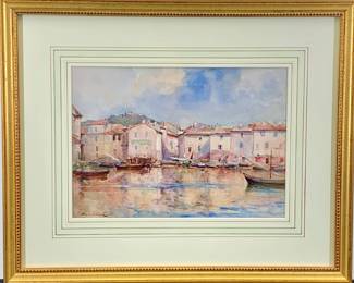 Lot 137	James Herbert Snell RBA ROI (British 1861-1935), Mediterranean Harbor Town With Fishing Boats And Hillside, Watercolor, Signed Lower Left