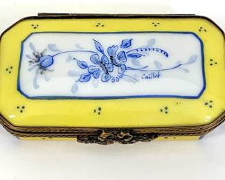 Lot 47	Limoges France, Hand Painted Porcelain Trinket Box, Yellow Ground With Blue And White Floral Reserve, Brass Mounts, Signed Caillot, 20th Century