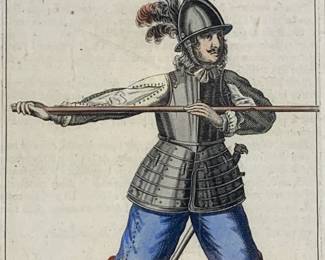 Lot 51	After ALLAIN MANESSON MALLET (French 1630-1706), Presentez la Pique en Avant, hand colored copperplate engraving, page 79 from Travaux de Mars ou LArt