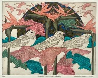 Lot 37	Margaret Albritton (American, b. 1950s). Merrily, Merrily, Merrily (20th century). Hand-Colored Etching, Gold Leaf on Paper.