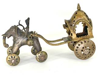 Lot 35	INDIAN FOLK BRONZE, Elephant-Drawn Temple Cart, cast brass and iron, Rajasthan or Central India, late 19th to early 20th century