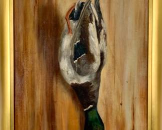 Lot 101	Trompe L Oeil Sporting Still Life, Hung Mallard Drake Suspended From A Nail Against A Painted Wooden Plank Background, Oil On Canvas Or Board, America