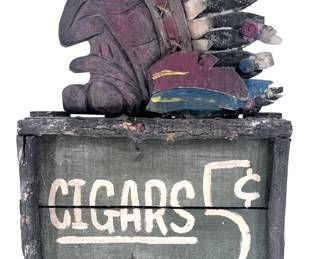 Lot 139	Rustic Carved Cigars 5Ã‚Â¢ Sign (American, 20th century). Carved, Painted Polychrome Wood.