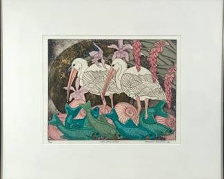 Lot 36	Margaret Albritton (American, b. 1950s). Ibis Bay Blues (20th century). Hand-Colored Etching, Gold Leaf on Paper.