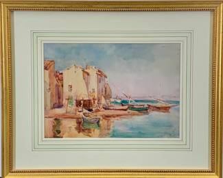 Lot 122	James Herbert Snell RBA ROI (British 1861-1935), Mediterranean Harbor With Fishing Boats And Quayside Buildings, Watercolor, Signed Lower Right