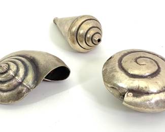 Lot 22	Three Sterling Silver Repousse Shell Form Beads, Two Flat Disc Snail Form And One Conical Turritella Form, Hand Wrought, Likely Taxco Mexico Or Southwest