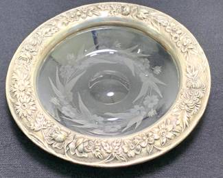 Lot 45	American Sterling Silver Repousse Floral Border And Engraved Glass Wine Bottle Coaster Or Drinks Trivet, Possibly S. Kirk And Son, 20th Century