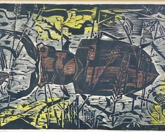 Lot 81	Werner Bernhard Drewes (German-American, 1899-1985). Giant Stag Beetle (1956). Color Woodcut on Paper.