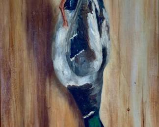 Lot 101	Trompe L Oeil Sporting Still Life, Hung Mallard Drake Suspended From A Nail Against A Painted Wooden Plank Background, Oil On Canvas Or Board, America