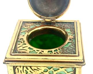 Lot 74	Tiffany And Co, Gilt Brass Pierced Inkwell With Malachite Green Glass Panels And Hinged Dome Lid, Signed, 20th Century