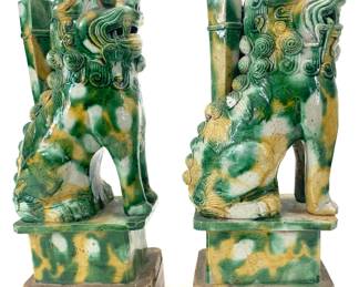 Lot 96	Pair of Traditional Three-Color Chinese Sancai Glazed Porcelain Foo Dogs on Wooden Base, 20th Century.