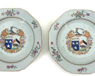 Lot 105	Pair Of Chinese Export Armorial Porcelain Soup Plates, Famille Rose, Unidentified European Arms With Boar Passant Supporter, Qianlong Period Circa 1740