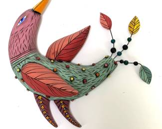 Lot 34	Natalya Sots (Kazakstan-American, b. 1972). Wall-Hung Bird with Tail feathers Baubles Sculpture (2017). Hand Built Stoneware, Glaze.