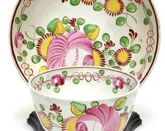Lot 4	Hand-Painted Queens Rose Staffordshire Tea Cup and Saucer on Wooden Display (English, c. 1820-1860). Soft Paste Porcelain China.