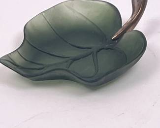 Lot 8	Daum France, Pate De Verre Art Glass Leaf Dish With Gilt Bronze Stem, Deep Green, Signed Daum France, 20th Century